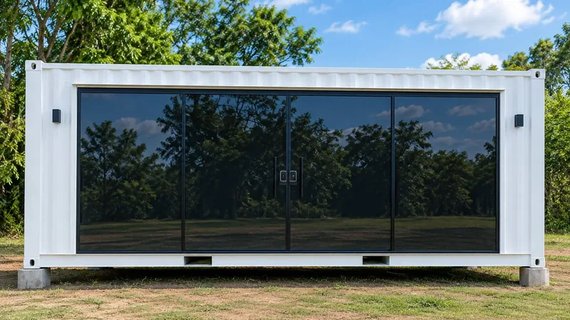 Showroom en contenedor de 20 pies con frente vidriado