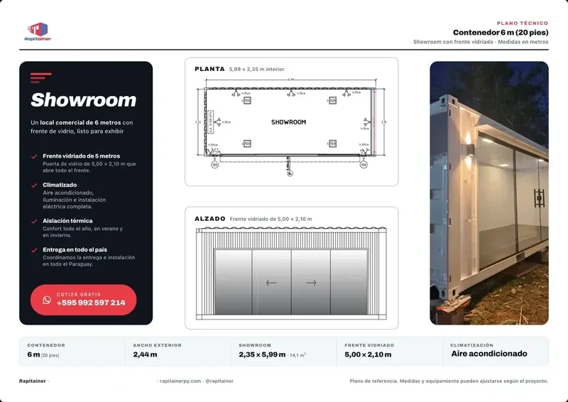 Ficha técnica del showroom en contenedor de 20 pies, con frente vidriado, medidas y equipamiento