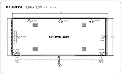 Plano de planta de referencia del showroom en contenedor de 6 metros