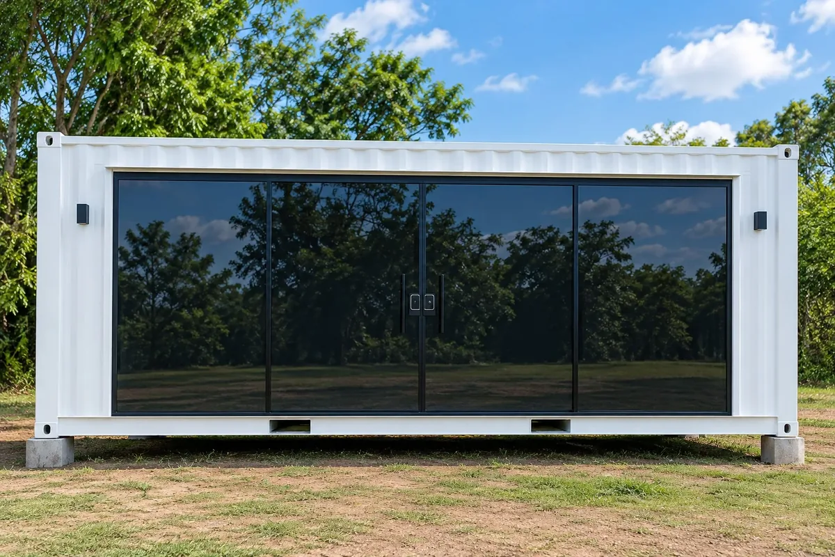 Showroom en contenedor de 20 pies con frente vidriado