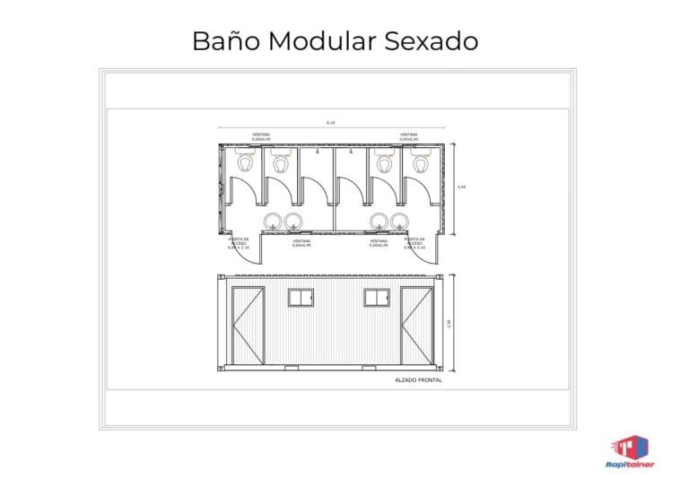 Plano técnico del baño modular sexado Rapitainer - Vista en planta y alzado frontal